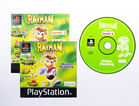 london, england, 07.05.2020 An original sony playstation 2 rayman junior maths retro video game console. sony educational software and famous games. Adventure role playing game.
