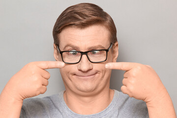 Portrait of funny man fooling around and making goofy silly face