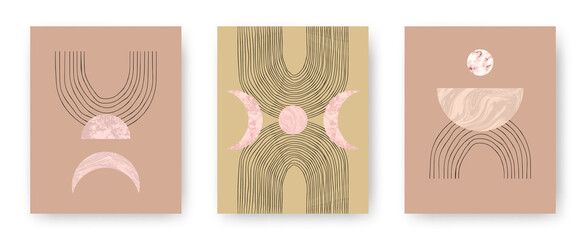 Vector set with trendy set of printable cards with boho mid century stone and marble textured shapes of moon, planets and lines. Abstract contemporary aesthetic backgrounds with geometric elements