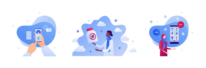 Medical technology and health care video call concept. Vector flat illustration set. African patient holding medication pills. Hand hold smartphone and call doctor. Woman discuss with medical team.