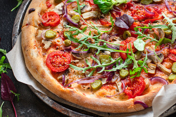 vegetable pizza tomato, onion, pickles, mushrooms vegan or vegetarian no meat portion on the table healthy meal snack outdoor top view copy space food background rustic 