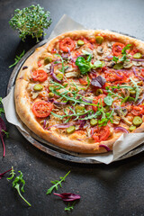 vegetable pizza tomato, onion, pickles, mushrooms vegan or vegetarian no meat portion on the table healthy meal snack outdoor top view copy space food background rustic 