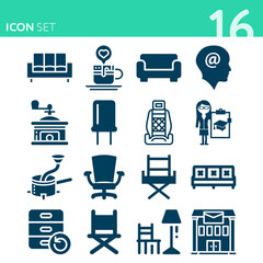 Simple set of 16 icons related to chair