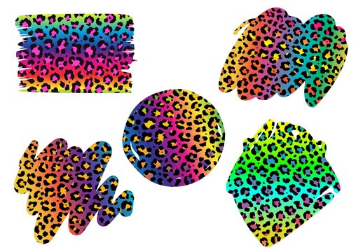 Vector Set Of Leopard Rainbow Print Backsplash Isolated On White Background. Hand Drawn Brush Strokes With Animal Leopard Background For T Shirt Design, Mug, Print, Cut.