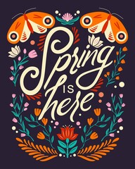 Colorful decorative handwritten typography design with animals and flower decoration. Spring hand lettering illustration design. Spring motifs in folk art style. Colorful flat vector illustration.
