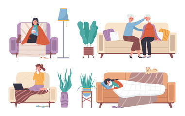 Set of illustrations on theme of spending time on self-isolation during illness. Wife puts her hand to husband s forehead to measure his temperature. Characters having cold and lying in bed