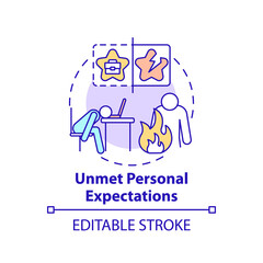 Unmet personal expectations concept icon. New worker emotional burden factors. Depression idea thin line illustration. Emotional burnout. Vector isolated outline RGB color drawing. Editable stroke