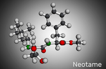 Neotame, sweetening agent, E961molecule. It is dipeptide with peptide linkage, artificial sweetener, aspartame analog. Molecular model. 3D rendering