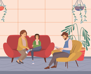 Conversation between mother, teenager and male psychologist or psychotherapist makes notes in a notebook. Family psychotherapy, psychotherapeutic aid for children with mental emotional problems