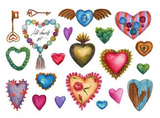Watercolor hearts, jewelry stone heart. Love set