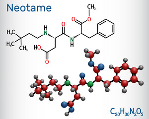 Neotame, sweetening agent, E961 molecule. It is dipeptide, artificial sweetener, aspartame analog. Structural chemical formula, molecule model