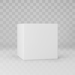 White 3d cube with perspective isolated on transparent background. 3d modeling box with lighting and shadow. Realistic vector icon