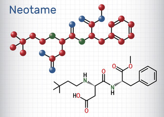 Neotame, sweetening agent, E961 molecule. It is dipeptide, artificial sweetener, aspartame analog. Structural chemical formula, molecule model. Sheet of paper in a cage
