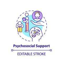 Psychosocial support concept icon. Worker adaptation functions of mentor. Friendly treatment thin line illustration. Help in problems. Vector isolated outline RGB color drawing. Editable stroke