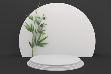 Tropical black Podium minimal geometric and bamboo japanese decoration .3D rendering.
