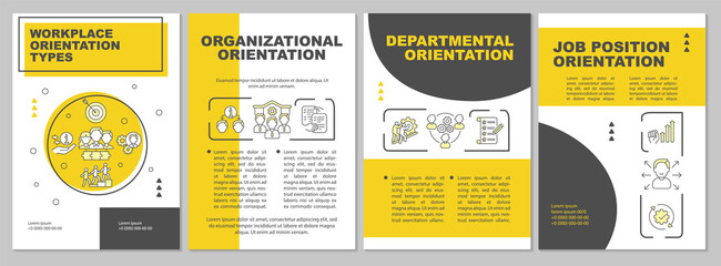 Workplace orientation brochure template. Job position. Flyer, booklet, leaflet print, cover design with linear icons. Vector layouts for magazines, annual reports, advertising posters - obrazy, fototapety, plakaty