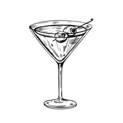 Hand drawn black color Martini cocktail. Realistic sketch vector illustration.