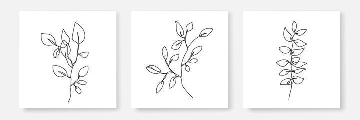 Leaves Set Continuous One Line Drawing. Black Line Floral Sketch on White Background. Contour Leaves Illustration. Vector EPS 10.