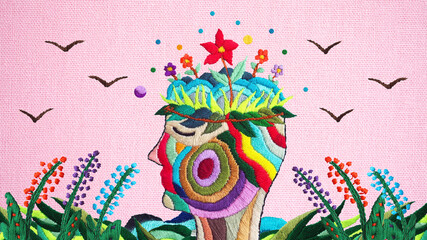 human flower head grow bloom blossom in nature abstract mind mental health spiritual brain imagine inspiring therapy meditation healing art illustration hand embroidery surreal fantasy digital collage - obrazy, fototapety, plakaty