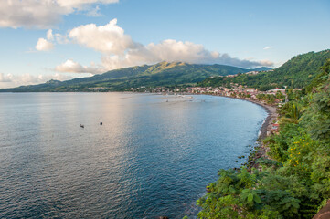 Fototapeta na wymiar View towards Saint-Pierre and Mount Pelée in Martinique. Martinique is a French island located in the Lesser Antilles in the eastern Carribean Sea.
