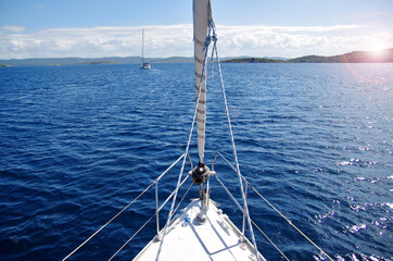 View of the bow of the sailing boat. Sea in the backround. Holiday on the yach. Sailing concept