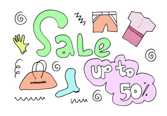 Hand drawn fashion online shop icon set. Decorative icons of dress, gloves, shorts, shoes, clothes, bags.Vector illustration