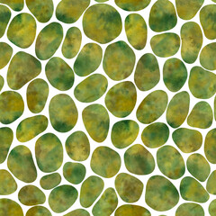 Watercolor green stone pavement on white background. Seamless pattern. Hand-painted moss stone texture. Watercolor stock illustration. Design for backgrounds, wallpapers, textile, covers and packaging