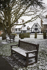 Snowy churchyard in Rye, East Sussex, England