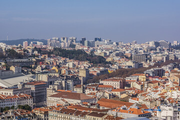Fototapeta na wymiar Colorful top view of Lisbon Skyline with red roofs. Lisbon, Portugal.