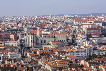 Fototapeta na wymiar Colorful top view of Lisbon Skyline with red roofs. Lisbon, Portugal.