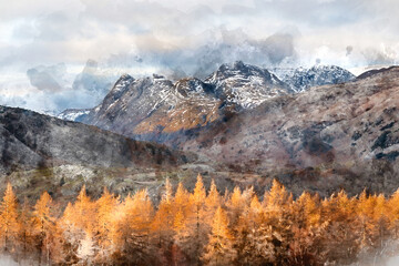 Digital watercolor painting of Majestic Winter landscape image view from Holme Fell in Lake District towards snow capped mountain ranges in distance in glorious evening light with Autumnal colors tree