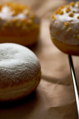 Close up on traditional polish donuts, served on Fat Thursday, selective focus