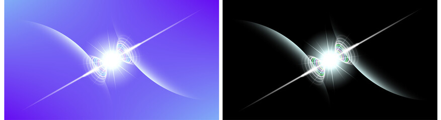 Abstract space futuristic background. Bright flash, glowing diverging oval waves and rays between two planets. EPS10