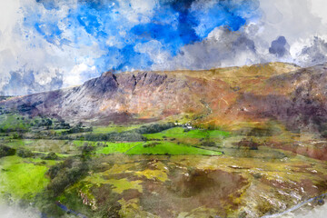 Fototapeta na wymiar Digital watercolor painting of Beautiful drone view over Lake District landscape in late Summer, in Wast Water valley with mountain views and dramatic sky