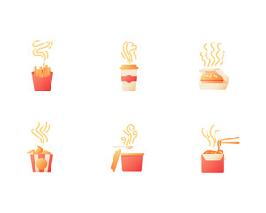 Hot fast food take out vector flat color icon set. French fries. Steaming coffee. Burger, chicken wings. Meal delivery. Cartoon style clip art for mobile app pack. Isolated RGB illustration bundle