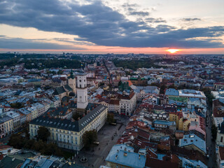 aerial view of sunset above the old european city