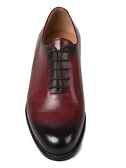 Maroon male shoe with dark shoelaces on a white background.