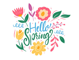 Fototapeta na wymiar Hello Spring lettering and colorful flowers. Flat style vector illustration.