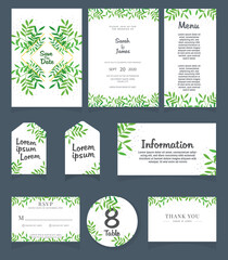 Set of Wedding invitation Vector illustration. card template. Wedding invitation, thank you, save the date, menu, information, RSVP, label, table number and place card design.