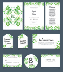 Set of Wedding invitation Vector illustration. card template. Wedding invitation, thank you, save the date, menu, information, RSVP, label, table number and place card design.