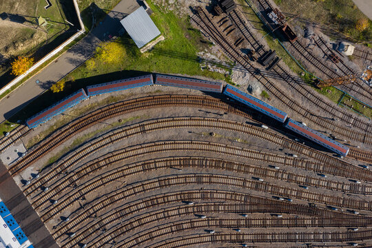 Aerial Drone Photo Top View To Metro Depot Heavy Rail, Subway, Tube, Metropolitan Or Underground. Public Transport Industry Theme. Train Ariving To The Last Station. Kyiv Ukraine Metropolitan 