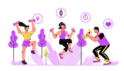 Banner with people doing sports and using smartphone app to track their health and get fitness information, cartoon vector illustration. Sport application concept with sportive people.