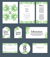 Set of Wedding invitation Vector illustration. card template. Wedding invitation, thank you, save the date, menu, information, RSVP, label, table number and place card design.