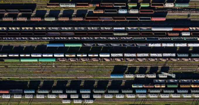 Beautiful design composition of Aerial Top view to trains railway industrial cylindrical tank shipping containers Rail way art Artistic composition railroads and freight trains to transport cargo. 