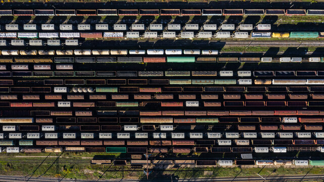 Aerial Top view to trains railway industrial cylindrical tank shipping containers Rail way art Artistic composition railroads and freight trains to transport cargo. Creative banner horizontal image