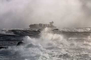 Container ship on a stormy day
