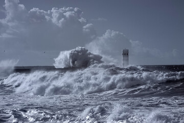 Fototapeta na wymiar Storm at the Douro mouth north beacon and pier