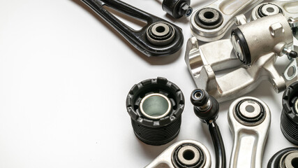Obraz premium Engine gears. Auto motor mechanic spare or automotive piece on white background. Set of new metal car part. Technology of mechanical gear.