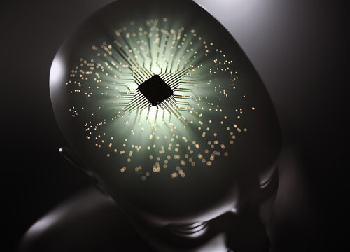 Artificial Intelligence. Artificial brain with central microprocessor. Electric pulses in the electronic circuit of the brain implant, represents the computer technology with medicine.