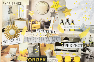 Handmade contemporary creative atmosphere art mood board collage sheet in color Ultimate Gray and Illuminating yellow made of teared magazine and printed matter paper with colors and texture.